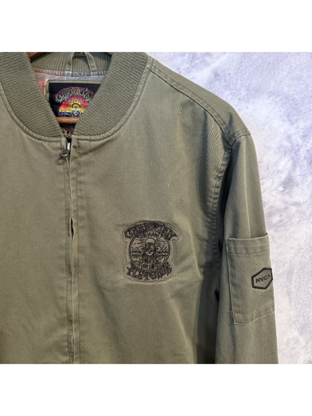 RVCA x Christian Fletcher Jacket Mens Large L Green Full Zip Bomber Surfer